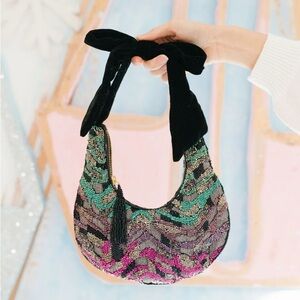 Chic Beaded Women's Hobo Bag with Black Bow Handle